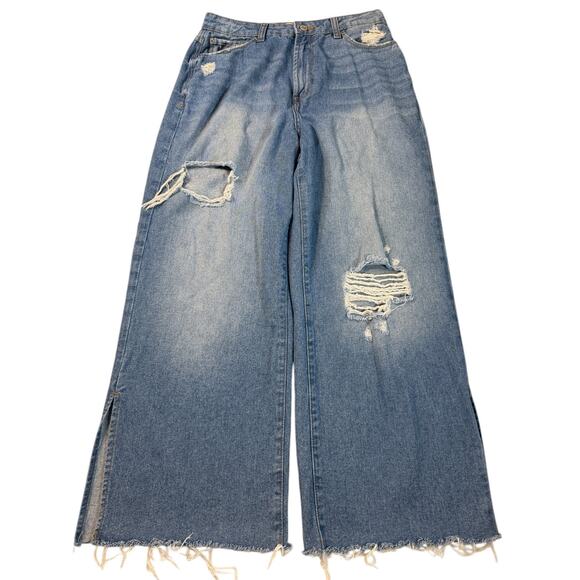 Kensie Jeans The Wideleg Ripped Raw Hem Jeans Size 6/28 Blue Washed Distressed - Picture 1 of 7